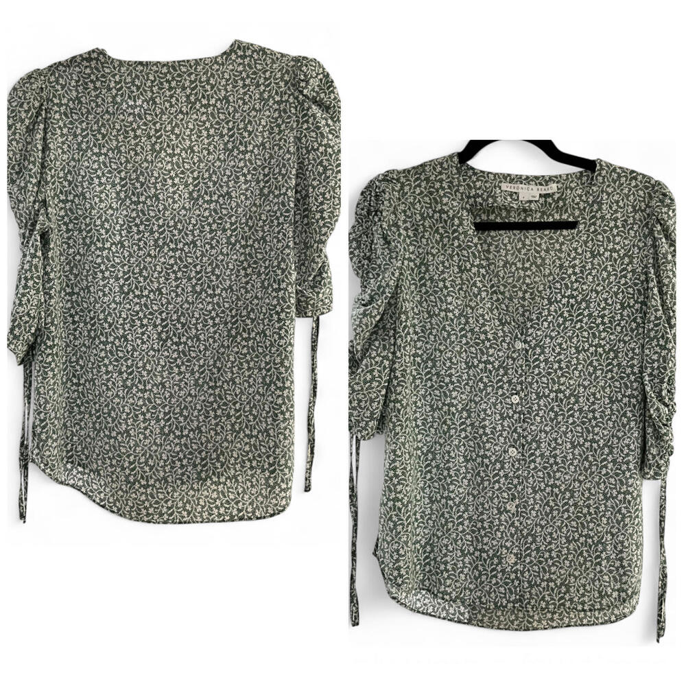 VERONICA BEARD | SZ 4 | Y2K Boho Green Floral Silk Ruched-Sleeve Top Blouse $398 - Picture 7 of 11